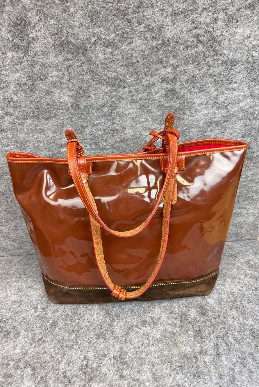 Dooney & Bourke Brown Patent Leather Tote with Suede Bottom - Picture 4 of 8